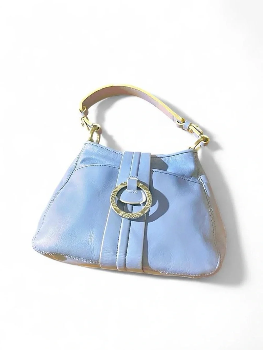 Vintage Ann Taylor Periwinkle Blue Leather Hobo Bag Silver Ring Y2K